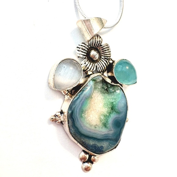 Jewelry - Natural, 2 inch, silver, Willow Leaf Chrysocolla pendant on a silver chain .